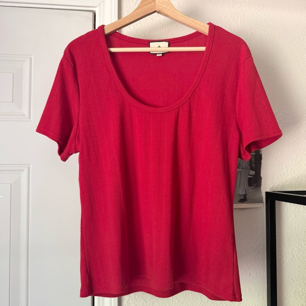 TUCKERNUCK red scoop neck knit pointelle short sleeve cropped tee top